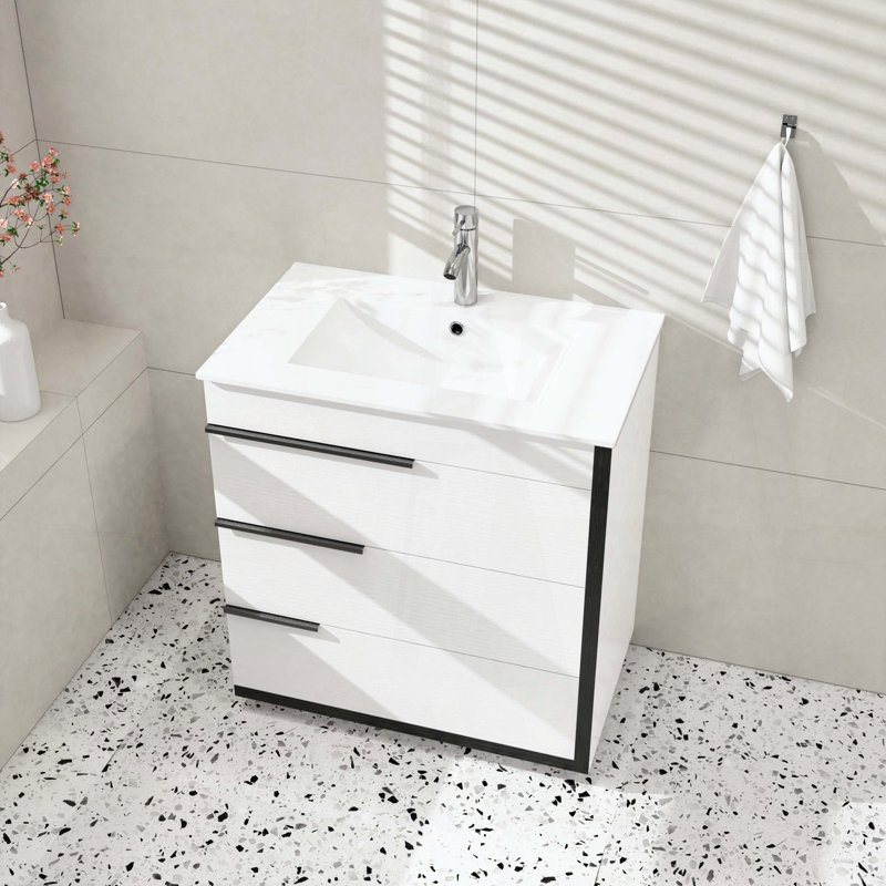 Meuble-lavabo de salle de bain autoportant seulement, avec trois tiroirs à fermeture douce et poignées métalliques personnalisables, blanc et noir