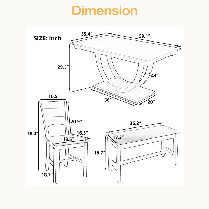 Ensemble de 6 tables de salle à manger en bois 6 pièces avec banc long et 4 chaises, Brun, Brun