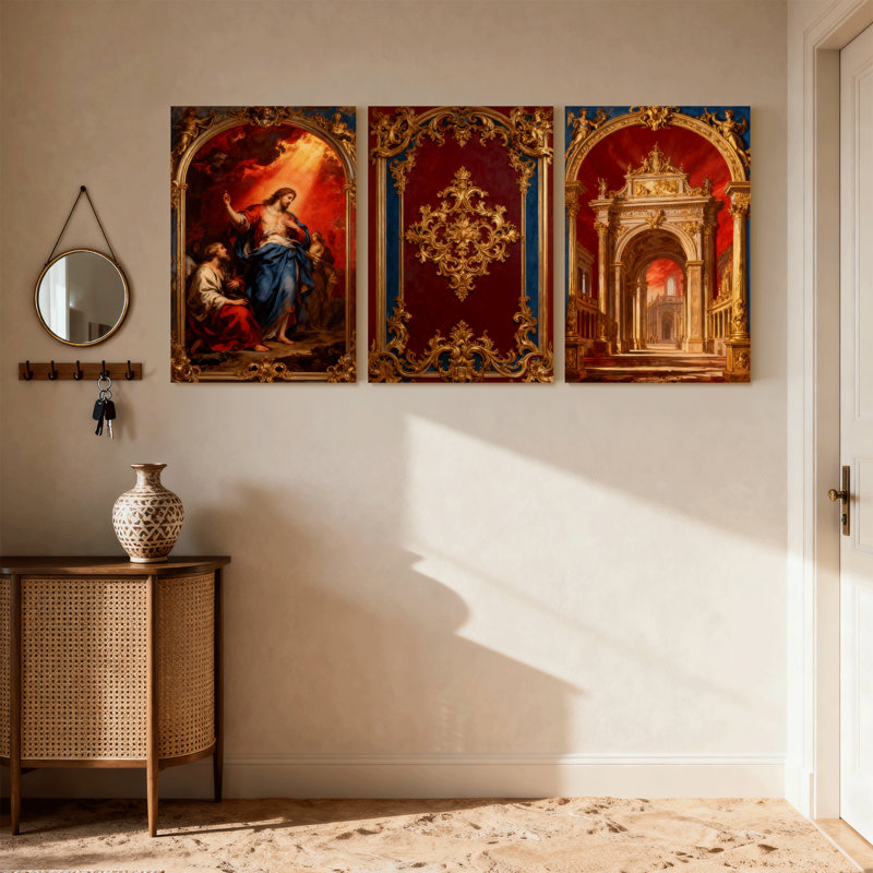 Scène religieuse abstraite, cadre baroque, ensemble de 3 impressions d'art sur toile, H 18 po x l 36 po