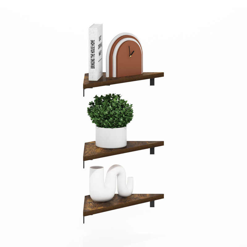 Belby Triangle Corner Floating Shelves, Wall Mount Display Shelf, Set of 3, Amber Pine