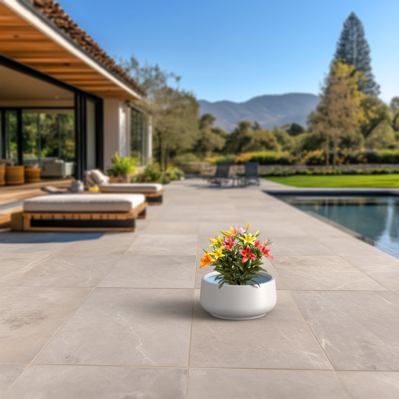 Pot à fleurs moyen rond en béton avec trous de drainage, H 10,04 po x l 17,13 po x P 17,13 po, Blanc éclatant