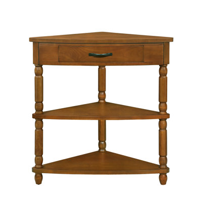 Petite table de coin triangulaire 33,8 po, table de coin en bois pour petits espaces / salon, table de bout à 3 niveaux avec pieds en bois massif, brun