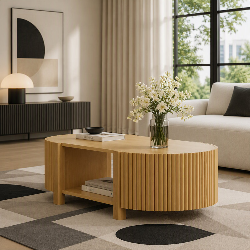 Table basse 47 "ovale cannelée avec tablette de rangement et 2 portes ouvertes, table d'appoint en bois d'hévéa massif pour salon moderne