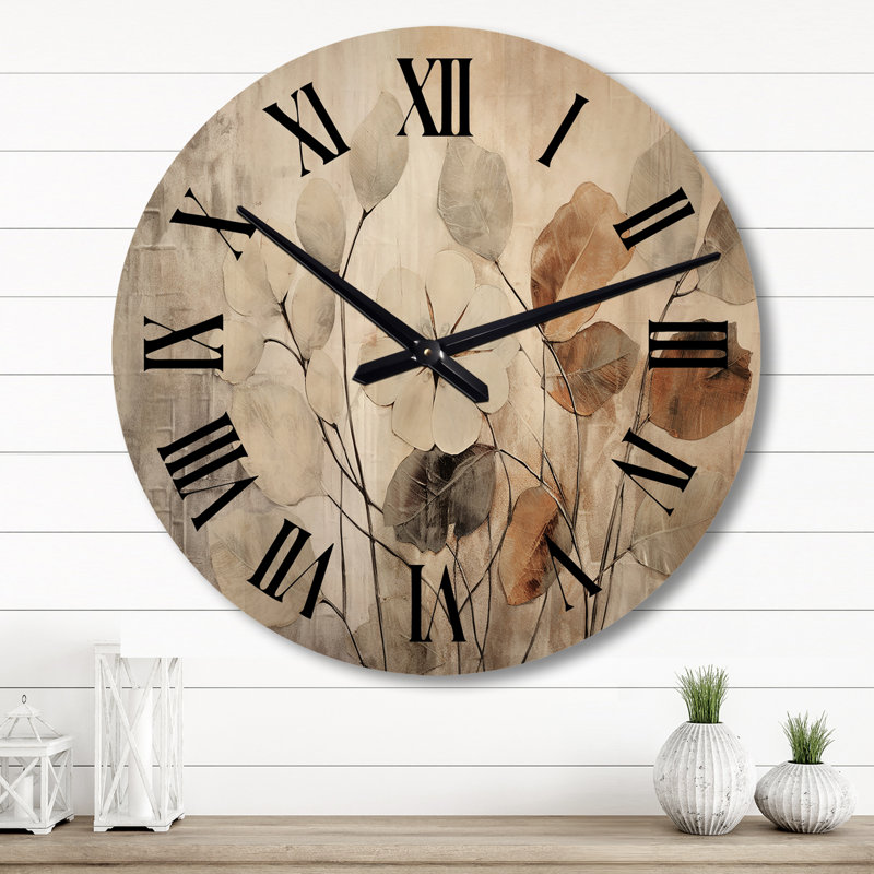 Ranchester Beige Botanical Impressions III - Solid Wood Wall Clock, Large