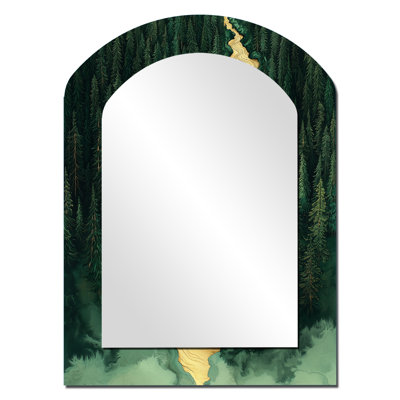 Forest River of Emerald Crystal IV - miroir mural asymétrique Forest, miroir décoratif arqué traditionnel, impression d'art en métal