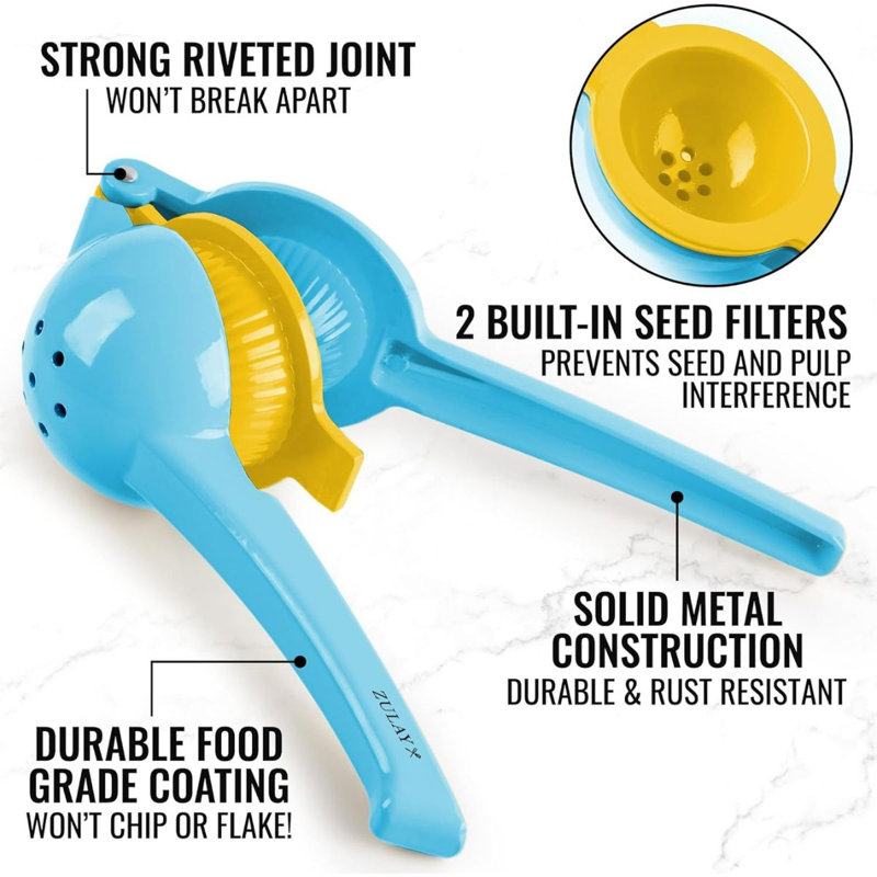 Zulay Kitchen 2-in-1 Manual Lemon Squeezer Manual Juicer Citrus Press, Blue/Yellow