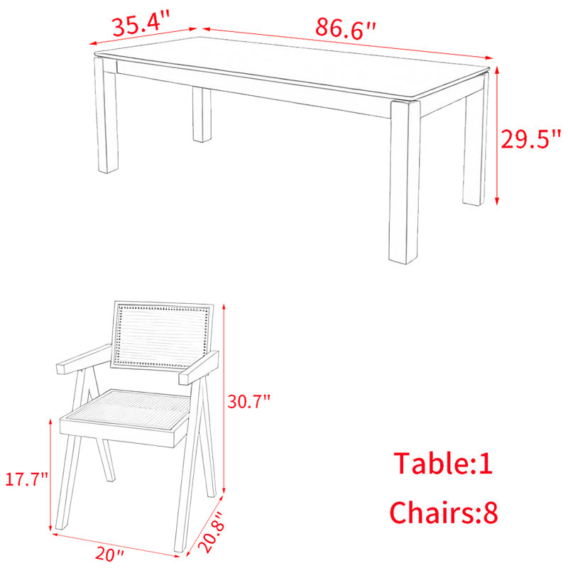 Ensemble de table à manger en bois franc français vintage, H 29,5 po x L 86,6 po x l 35,4 po