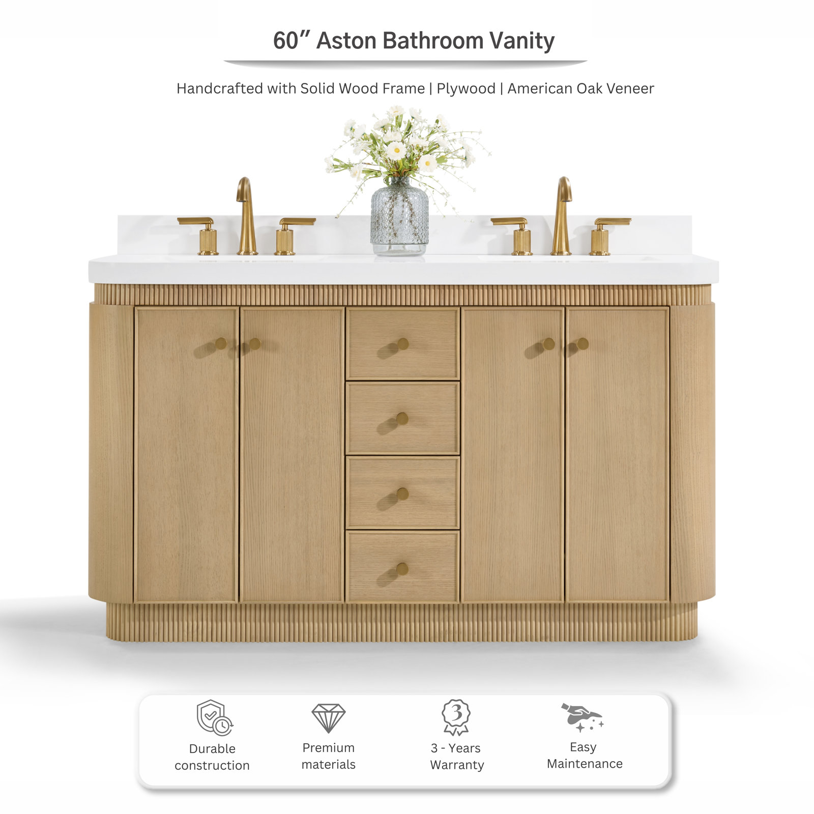 Aston Oak Single Bathroom Vanity, 60 inch, Natural Oak