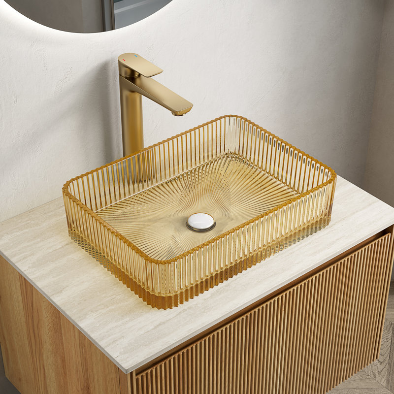 Lavabo-vasque rectangulaire CORA de 18 po en verre trempé, couleur or pâle avec rayures artistiques