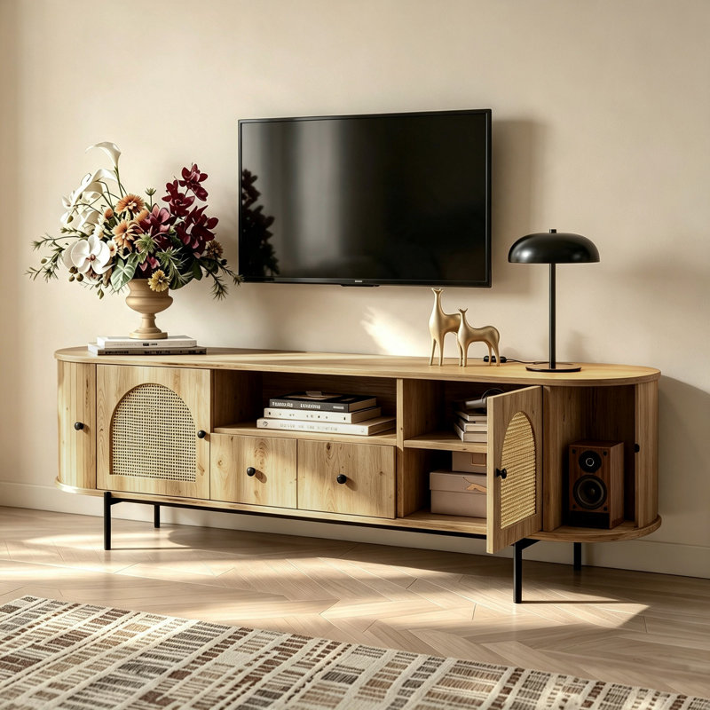  Meuble télé 70,9 po de style Mid-Century, pouvant accueillir un téléviseur de 75 po ou moins, avec console média en rotin et portes arquées avec tiroirs