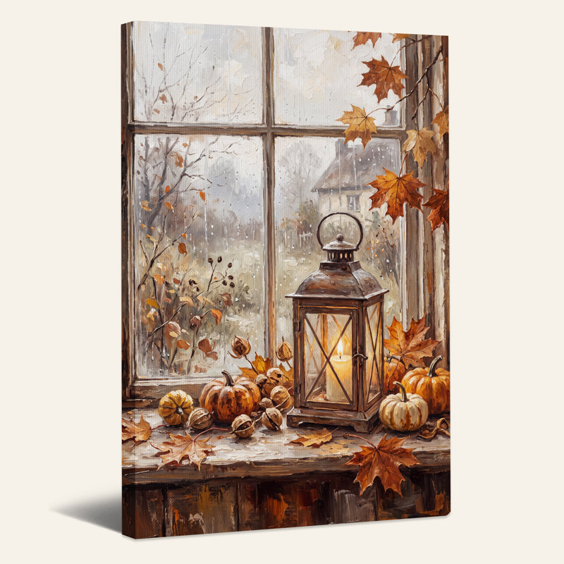Lanterne illuminée et citrouilles sur une fenêtre pluvieuse - Tableau sur toile pour l'Halloween, H 24 po x l 18 po