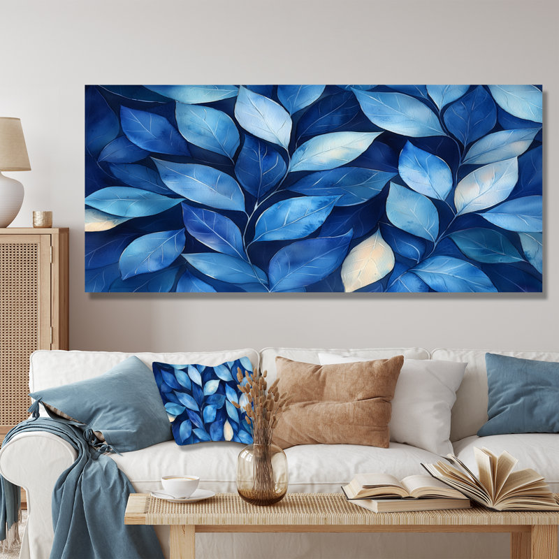 Indigo feuilles feuillage collage IV - feuilles, art mural, H 28 po x l 60 po, Toile tendue, Ne s’applique pas