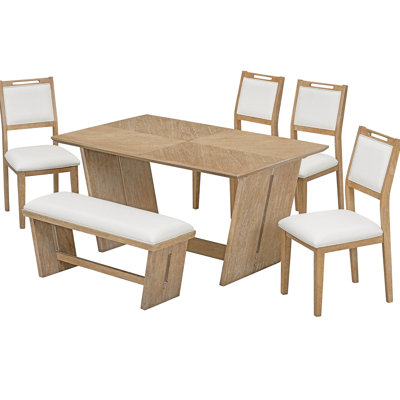 6 Vintage Inspired Dining , Natural Wood Wash, Table With Rubberwood Veneer And Upholstered Chairs, Bench For A Setup Retro Chair Bench, Rectangular,