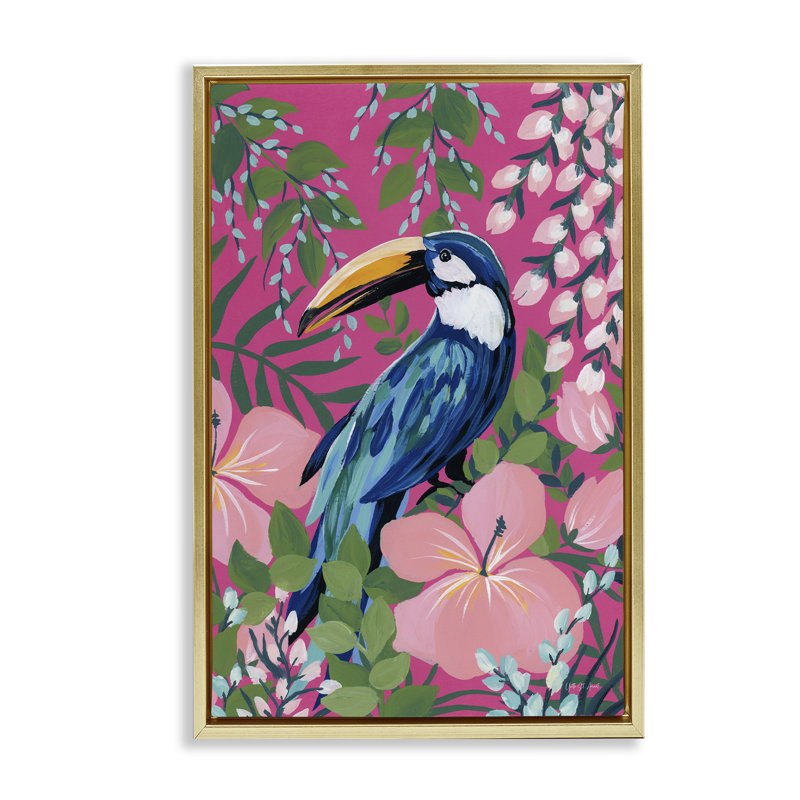 Toile flottante encadrée noire à motif toucan Maximalist par Silvia Vassileva, Cadre flottant métallique doré