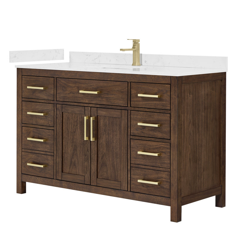 Beckett 54" Freestanding Single Bathroom Vanity with Cultured Marble Top, White Cultured Marble, Dark Walnut, Matte Black
