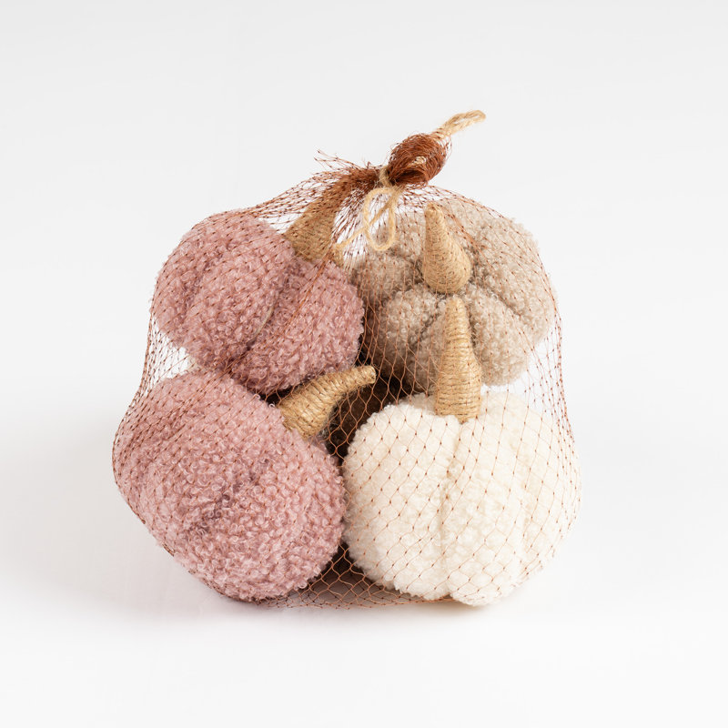 Set of 5 Decorative Boucle Pumpkins- beige