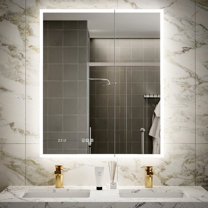 Armoire à pharmacie de salle de bain 20 * 32 pouces avec haut débit intégré, double éclairage à DEL et miroir grossissant 5X à contrôle de luminosité continu, brouillard