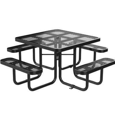 Table de pique-nique carrée noire de 46 pouces avec trou pour parasol, sièges en filet d'acier de 2,5 mm pour le plaisir en plein air, pieds en tube de 482,0 mm offrant un système de soutien solide, trempée à chaud pour endommager la fonctionnalité à long terme,