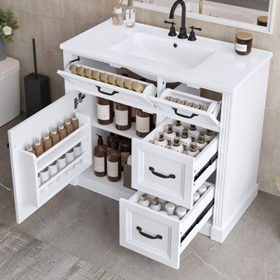  Meuble-lavabo 36 po avec lavabo, structure en bois massif, 4 tiroirs et porte à fermeture douce avec support de rangement, blanc