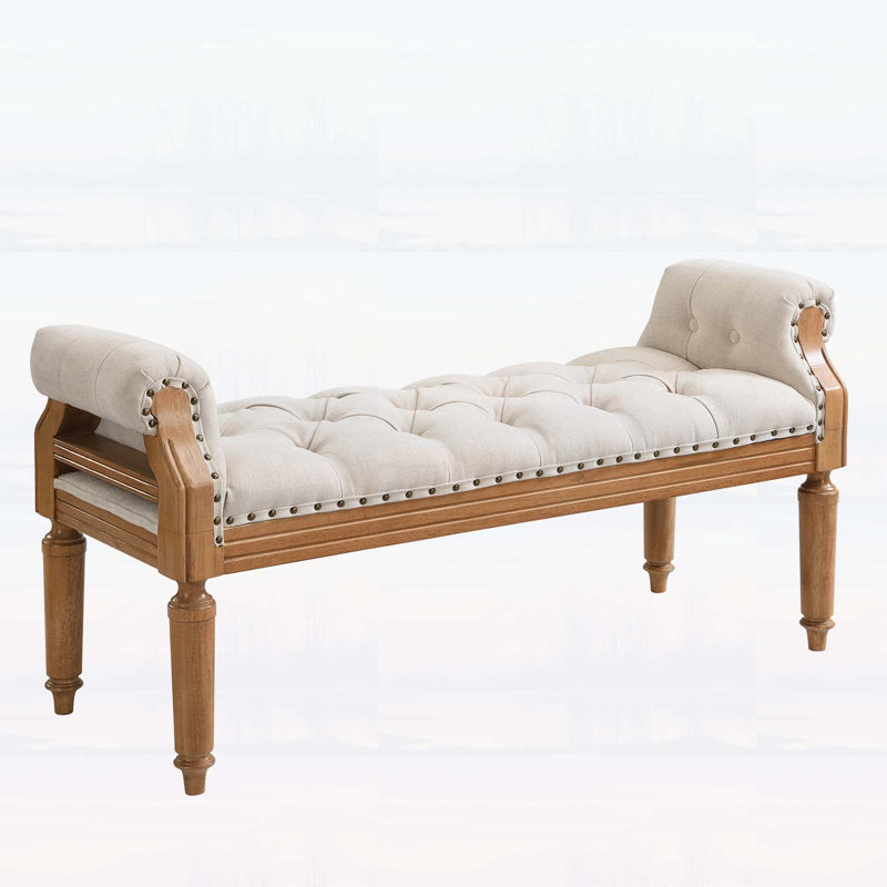 Banc rembourré en bois massif de style Mid-Century, banc de bout de lit avec accoudoirs roulés, repose-pieds capitonné classique, beige