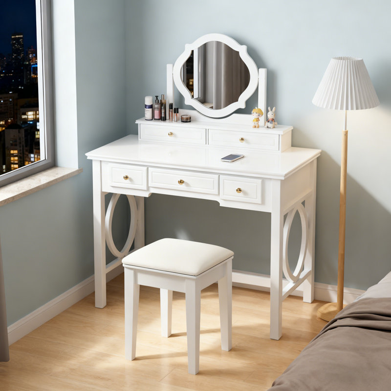 Compact Makeup Vanity Table with Reversible Mirror, Dressing Table Set with Stool, Space-Saving Beauty Station for Small Places, White