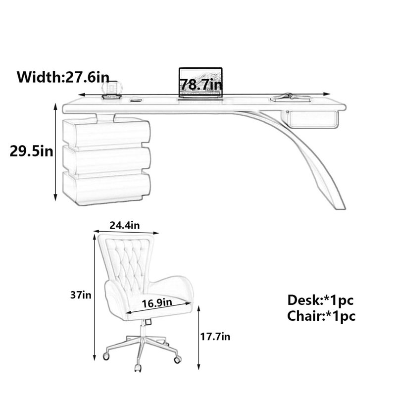 Bureau moderne crème avec travail spacieux, H 29,5 po x l 78,7 po x P 27,6 po
