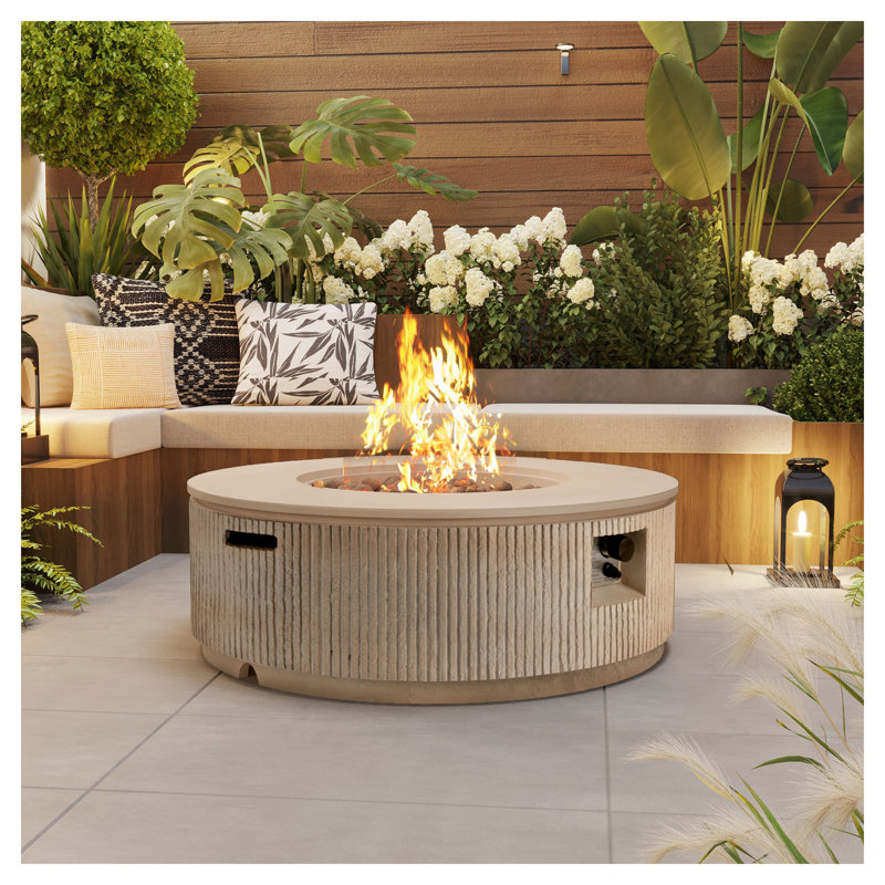 Foyer de table d'extérieur au propane de 38,19 po avec rayures verticales U_Style - foyer d'extérieur rond MGO de 50000 BTU avec brûleur en acier, contrôle de la flamme réglable, pierres de lave et housse de pluie pour le patio, la cour arrière
