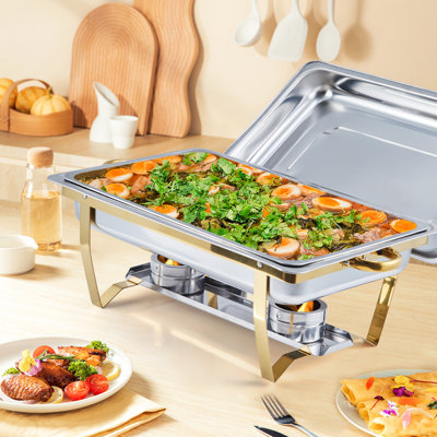 4 Pack 8 Qt Stainless Steel Chafing Dishes, Rectangle Buffet Warmers with Lid, Gold Catering Food Warmer for Parties & Events