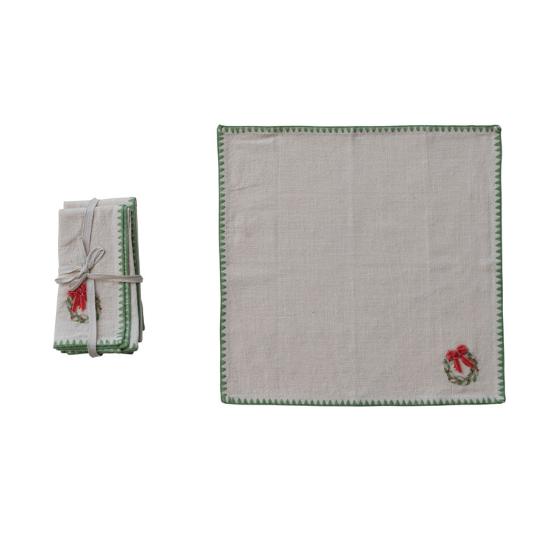Ensemble de 4 serviettes de table carrées imprimées avec couronne brodée, nœud appliqué et bordure de point de couverture