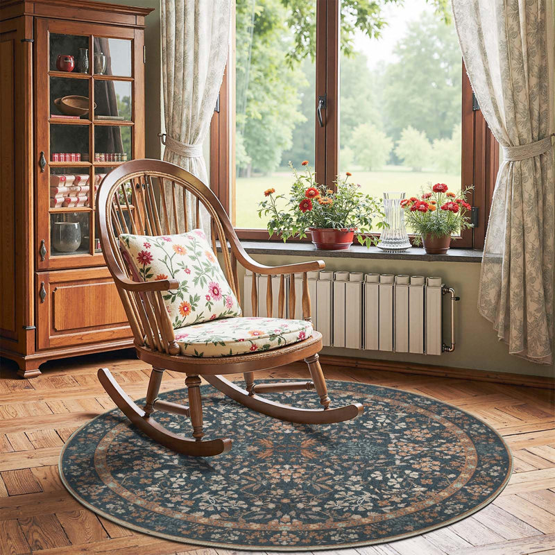 Floral Machine Washable Area Rug, Round 5'