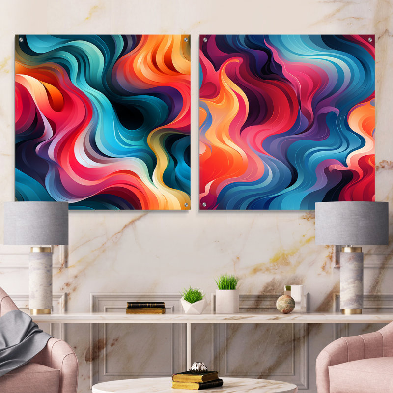 «Colorful Popart Groovy Gradient Canvas I», ensemble de 2 peintures murales abstraites géométriques en acrylique