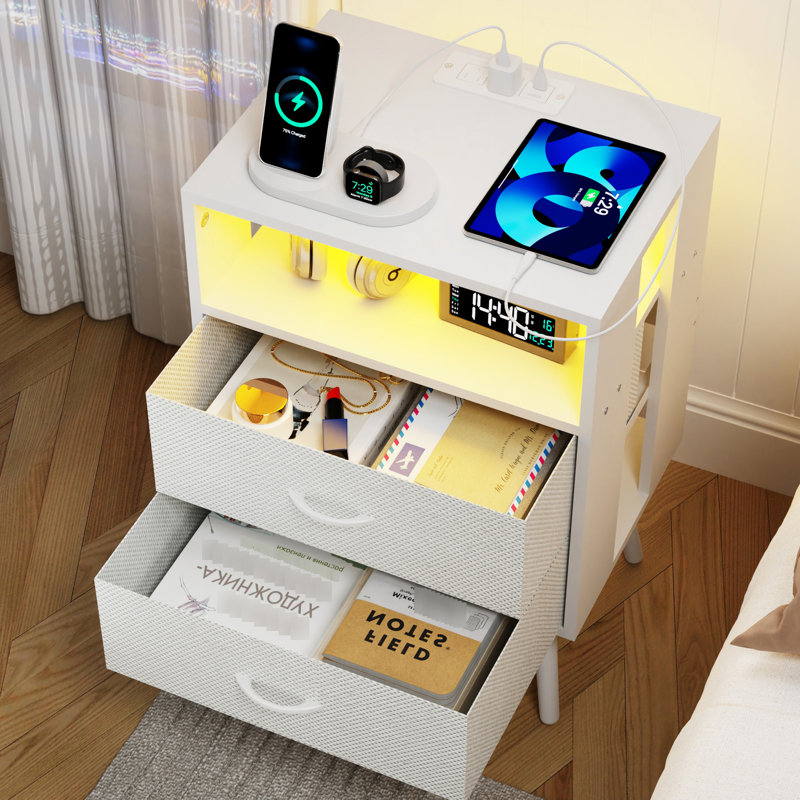 2 Pack Nightstand With Charging Station And Remote - Controlled Led Lighting, Bedside Tables In White Color, Non Woven Drawers, Coated Particle Board For Easy Installation Long Life Nightstand,
