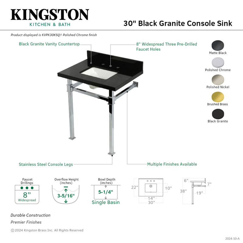 Évier de console en granite noir KVPK30KSQ1 Kingston de 30 po avec pieds en acier inoxydable (8 pouces, 3 trous) Kingston, granit noir / chrome poli Kingston