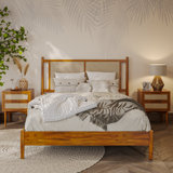 Oliver Solid Wood Rattan Platform Bed with Headboard, Rattan Frame