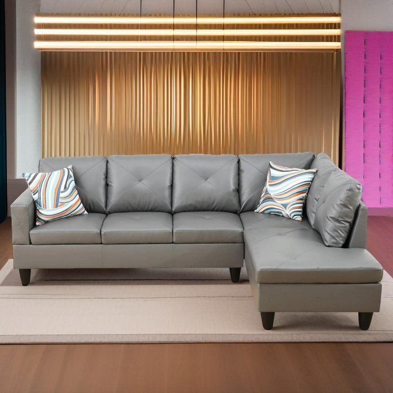 Monaco Vegan Leather 2-Piece Sectional Sofa Set With Chaise, Gray Faux Leather, Right Hand Facing