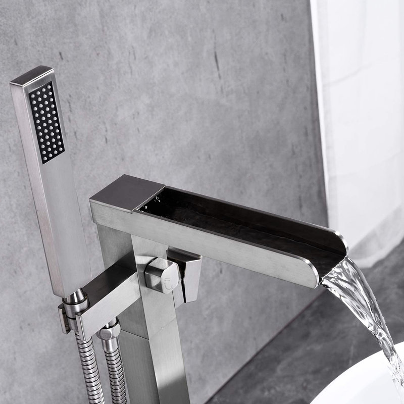 Waterfall Style Bathroom Tub Filler With Hand Shower - Brushed Nickel Floor Mount Faucet, And Corrosion Modern Spout In Nickel,