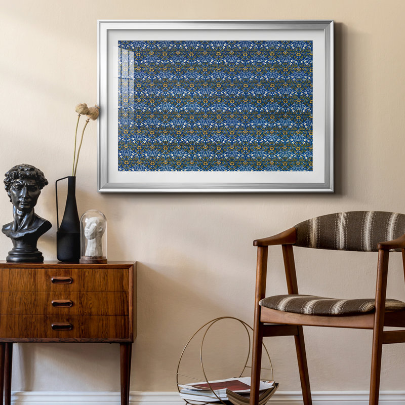 Motif floral répétitif (bleu et or) - William Morris - reproduction encadrée avec passe-partout et verre - c. 1880, Argent