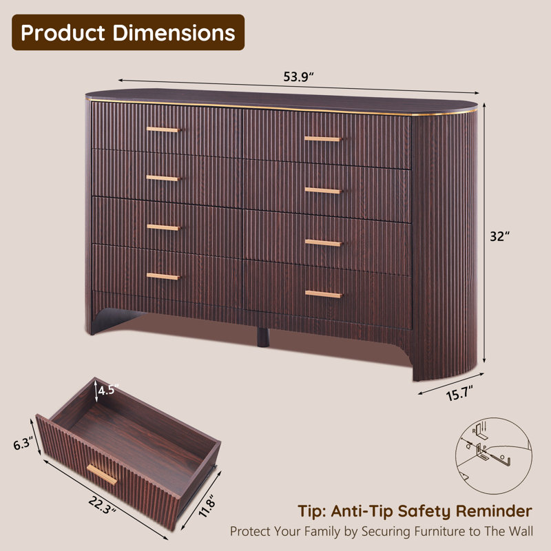 Modern 8 Drawers Dresser for Bedroom, 54" Wide Dressers & Chest of Drawers w/Curved Profile Design, Brown Oak, Brown