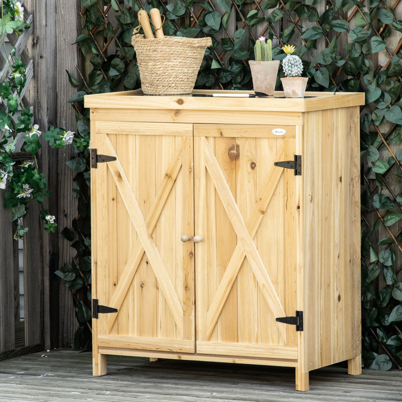Remise de jardin avec couvercle galvanisé. Deux tablettes pour les outils d'entretien de la pelouse. Apparence de bois naturel, rouille - style outil de jardin et imperméable