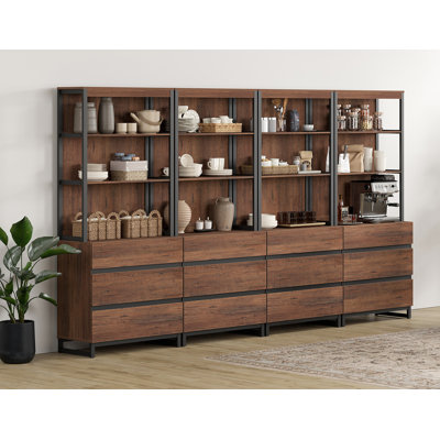 Armoire buffet moderne de 72 po de hauteur avec tiroirs et tablettes ouvertes, armoire de rangement et tablettes de présentation, buffet en bois pour la salle à manger ou la cuisine