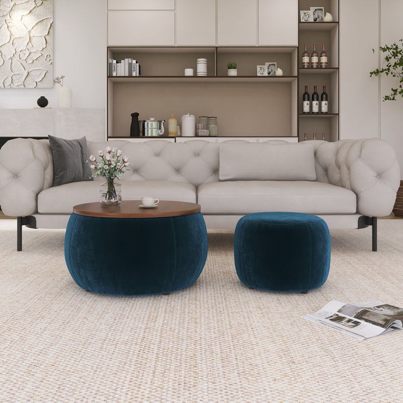 Table de bout ronde avec petit siège de rangement, Bleu, Brun