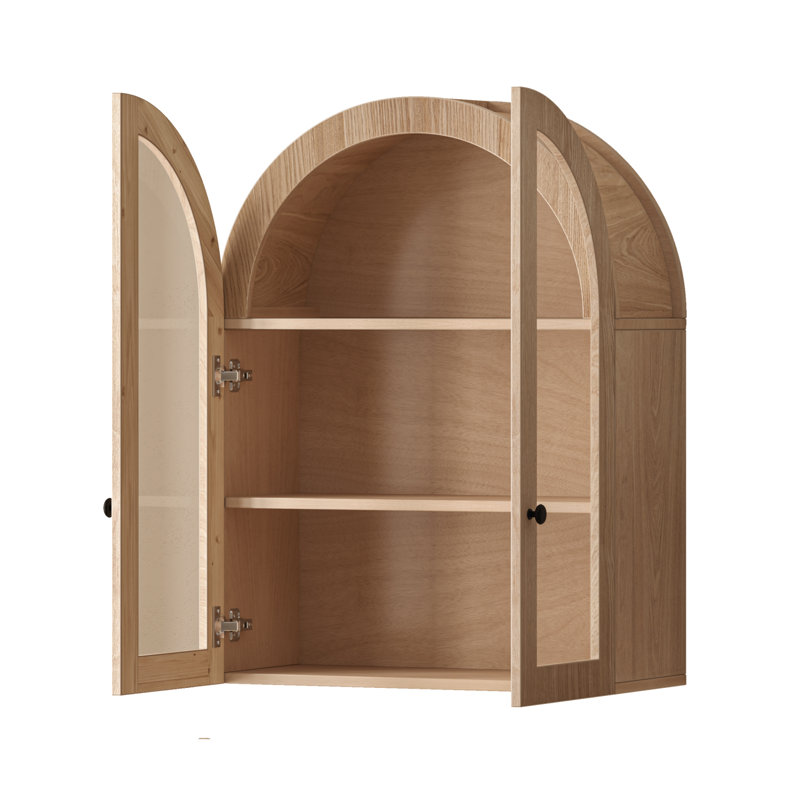 Armoire de rangement murale cintrée avec portes en verre trempé et tablette réglable, Light Brown