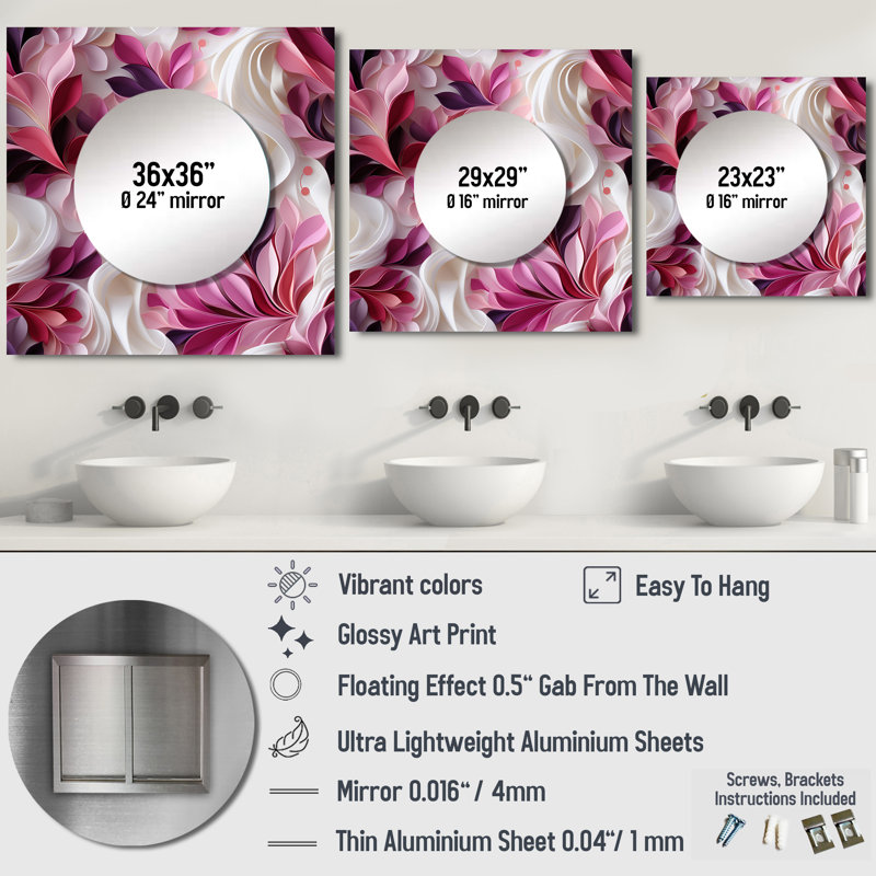 Rose et blanc abstrait vagues sérénité - art mural moderne miroir carré pour la salle de bain, 23 po x 23 po