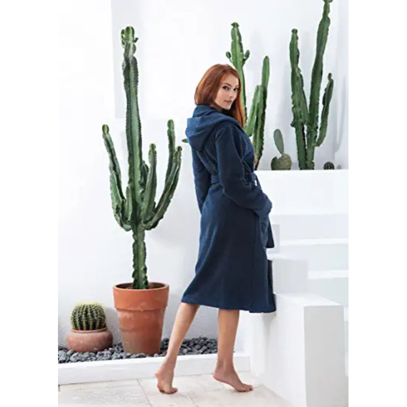 Peignoir de luxe pour femme SEYANTE - Peignoir à capuchon en coton éponge turc biologique certifié GOTS, XXL, Bleu marine