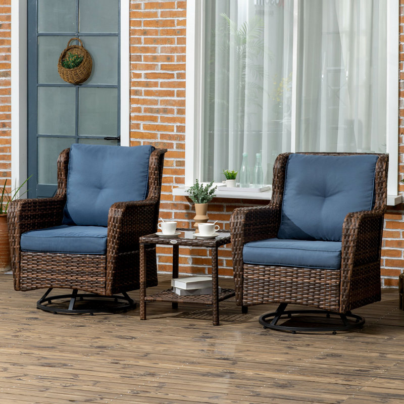 Blue and Brown PE Rattan Wicker 3-Piece Patio Bistro Set