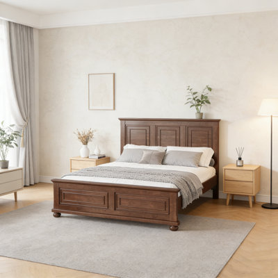 Queen Size Pinewood Bed With Tall Headboard & Footboard, USB Charging Station, Walnut