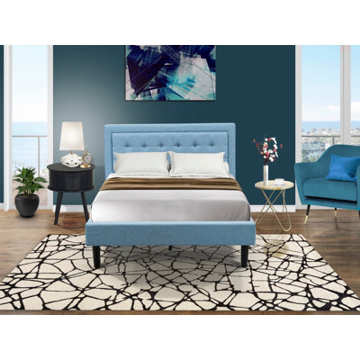 Ensemble de lit plateforme 2 pièces avec 1 cadre de lit et une table de chevet pour la chambre à coucher - Fabrication fiable et robuste - Tissu en lin bleu denim