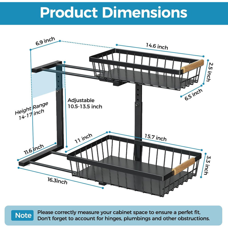 Under Sink Organizers And Storage, 2 Tier Pull Out Under Cabinet Organizer Drawer Shelf, 2 Pack Large Metal Adjustable Slide Out Drawers Shelves For Kitchen Bathroom.