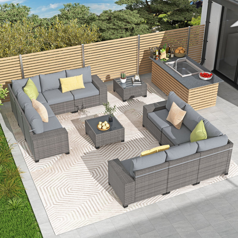 10 - Person Outdoor Rattan Seating Group With Cushions, No, Gray