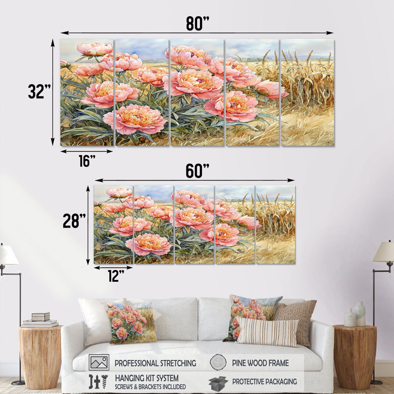 Pivoines de campagne le long du champ de maïs I - Pivoines - Art mural traditionnel pour le salon, H 32 po x l 80 po, 5